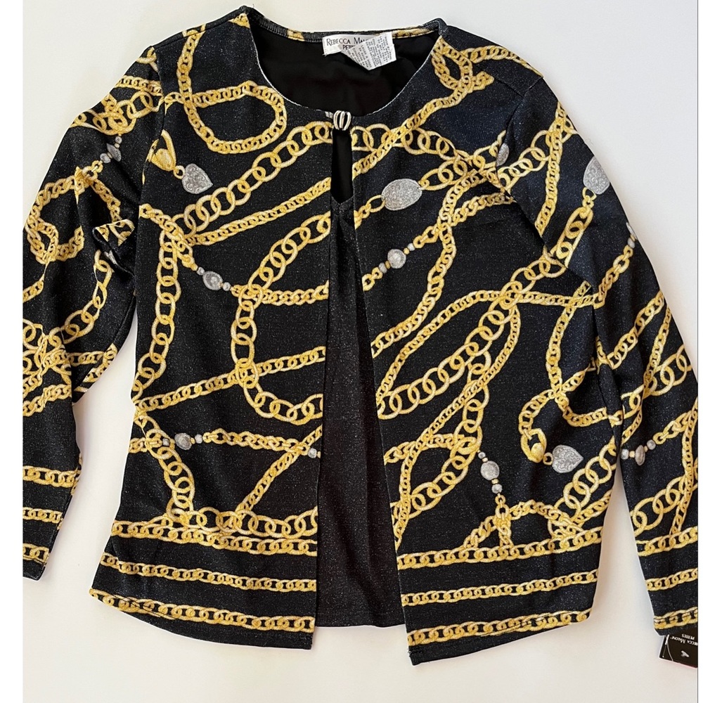 Rebecca Malone Vintage Black Gold Chain Print Two-Fer Cardigan Knit Top Size Lar
